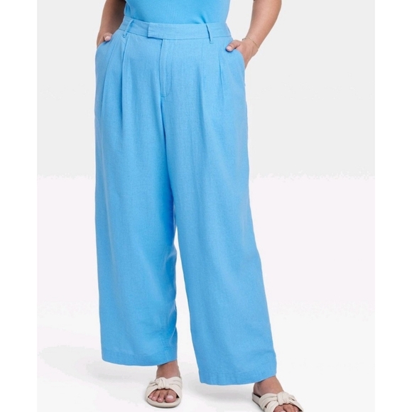 A New Day High Rise Linen Wide Leg Fluid pants Blue - Picture 2 of 13